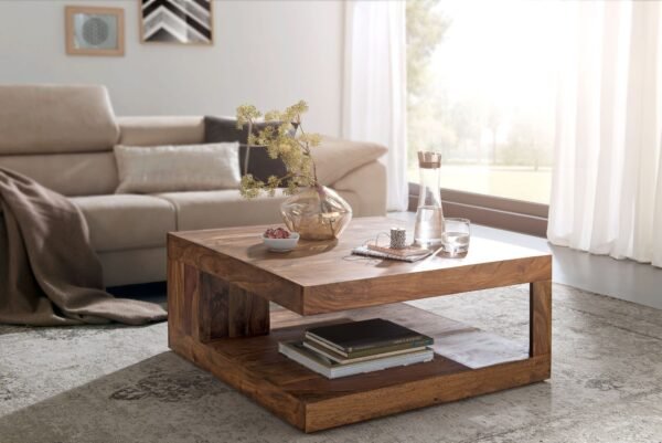 Solid Sheesham Wood Center Coffee Table In Rustic Teak Finish