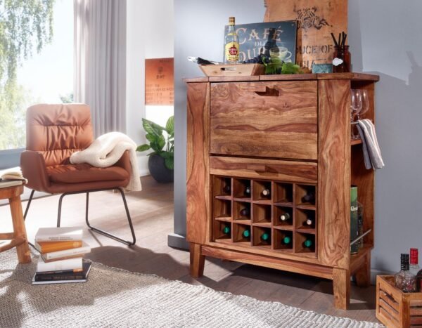 Solid Sheesham Wood Bar Cabinet for Kitchen & Home in Honey Finish
