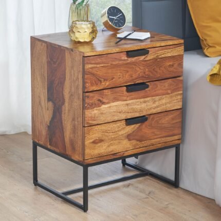 Sheesham Wood Bedside Table with 3 Drawer Storage for Bedroom ( Natural Finish )